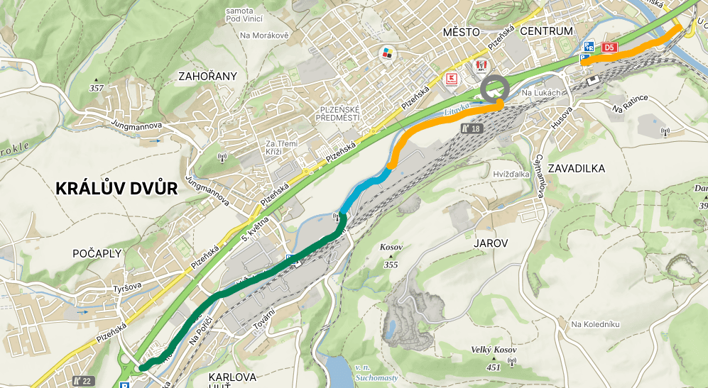 Mapa jižního obchvatu Berouna a Králova Dvora s vyznačenými úseky trasy